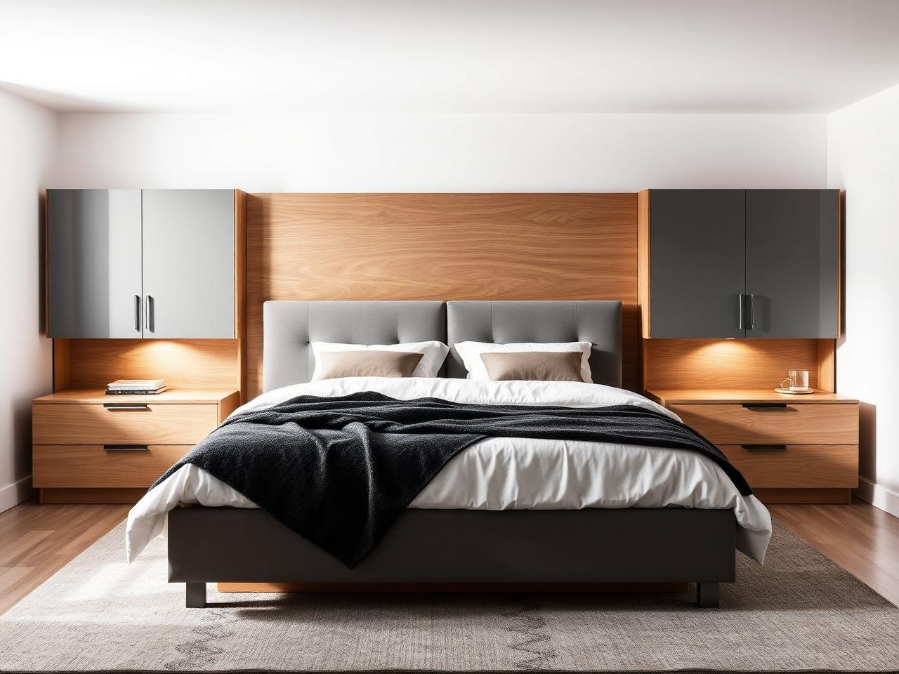 Custom oak headboard with fitted bedside cabinets