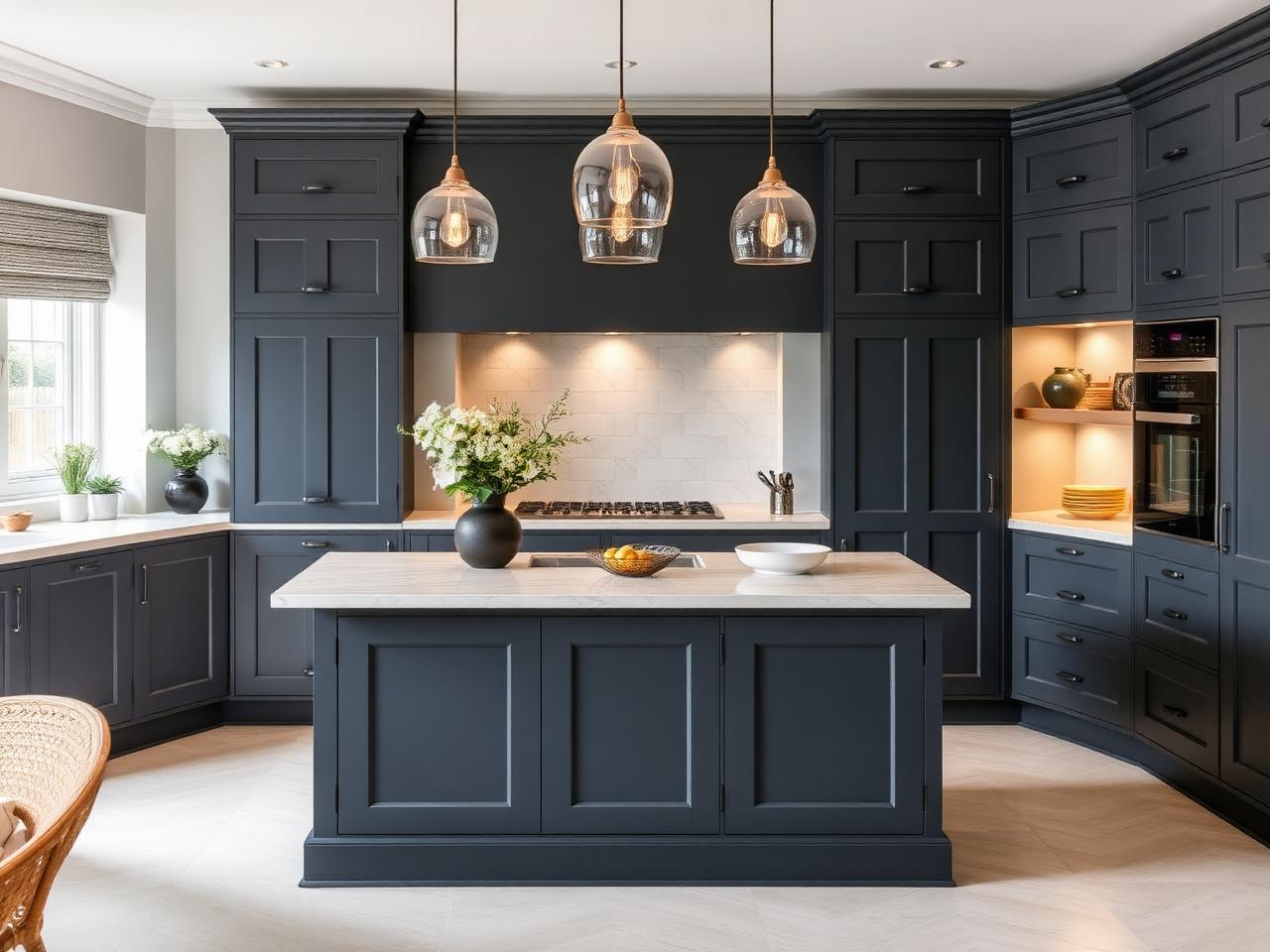 Navy-grey fitted kitchen with island and stone worktop